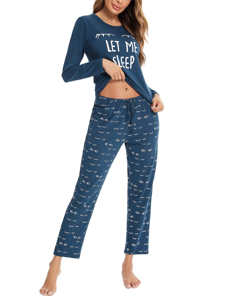 EISHOPEER Women's Cotton Long Sleeve Pajamas Set Sleepwear Cute Lounge Nightgowns Peacock Blue M - Image 2
